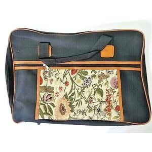 Luggage Tapestry Fabric Overnight Bag Floral Travel Tote Black Tan Zipper Gift